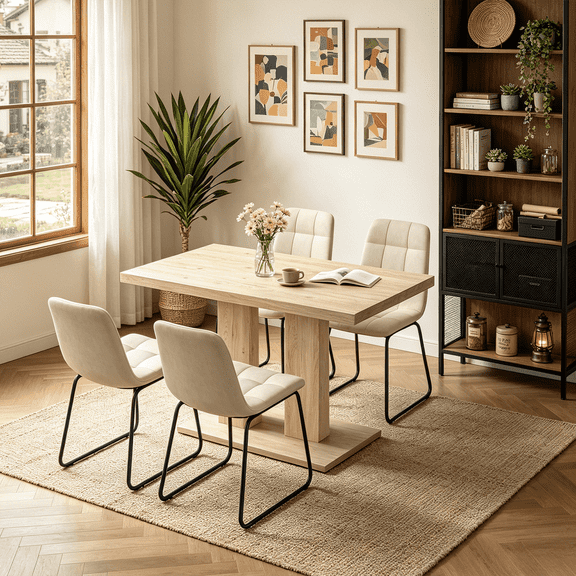 Modern 5-Piece Dining Table Set for 4, 46.2 Inch Space-Saving Table with 4 Faux Leather Chairs, Natural Wood Grain Rectangular Table, Easy Assembly for Dining Kitchen Living Room Farmhouse