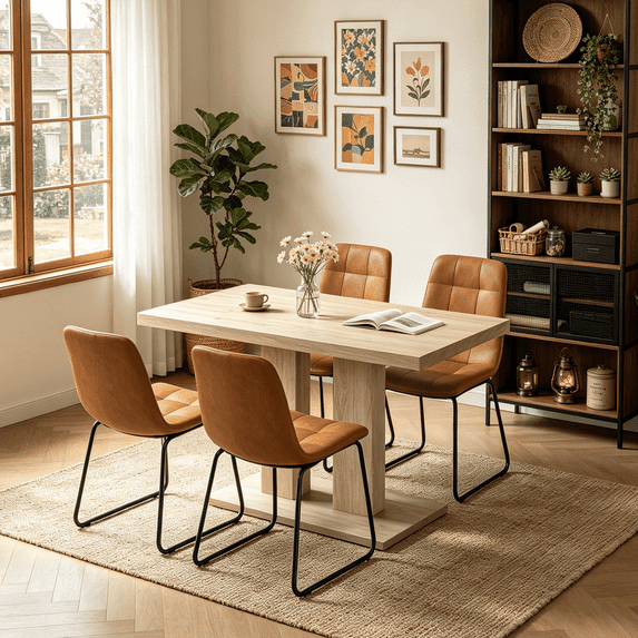 Modern 5-Piece Dining Table Set for 4, 46.2 Inch Space-Saving Table with 5 Faux Leather Chairs, Natural Wood Grain Rectangular Table, Easy Assembly for Dining Kitchen Living Room Farmhouse