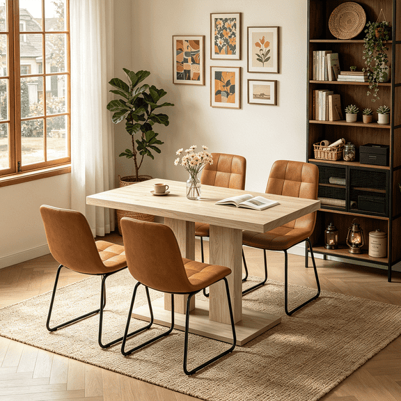 Modern 5-Piece Dining Table Set for 4, 46.2 Inch Space-Saving Table with 5 Faux Leather Chairs, Natural Wood Grain Rectangular Table, Easy Assembly for Dining Kitchen Living Room Farmhouse