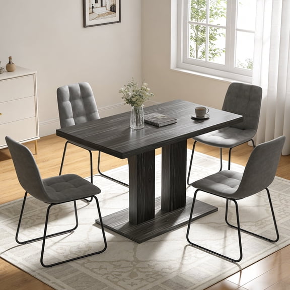 Modern 5-Piece Dining Table Set for 4, 46.1 Inch Space-Saving Table with 6 Faux Leather Chairs, Gray Wood Grain, Easy Assembly for Dining Kitchen Living Room Farmhouse