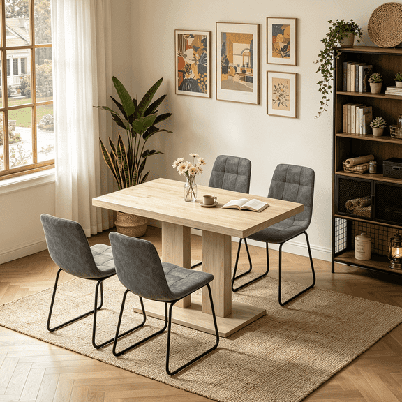 Modern 5-Piece Dining Table Set for 4, 46.2 Inch Space-Saving Table with 6 Faux Leather Chairs, Natural Wood Grain Rectangular Table, Easy Assembly for Dining Kitchen Living Room Farmhouse