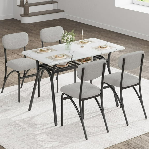 Modern 5-Piece Dining Table Set with Storage - 43.3" Kitchen Table & 4 Upholstered Chairs, Small Space Dining Furniture Set for Breakfast Nook, Apartment, Compact Homes
