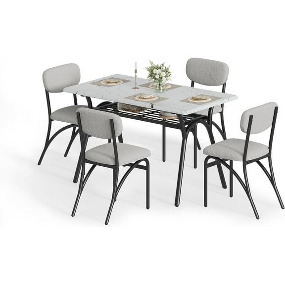 Modern 5-Piece Dining Table Set with Storage Shelf and 4 Velvet Chairs, Small Space Rectangular Kitchen Table for 4, Scratch-Resistant Compact Dining Set for Breakfast Nook, Apartment