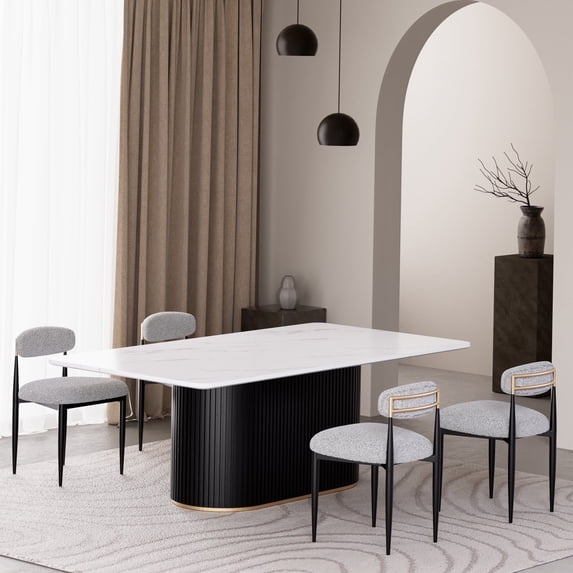 Modern 5-Piece Faux Marble Dining Table Top with Boucle Armless Chairs in Gray Dining Room Set for Kitchen