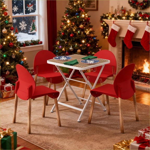 Modern 5-Piece Indoor Dining Set, For Kitchen Dining Room Covered Patio | Crimson Red | Red Oak