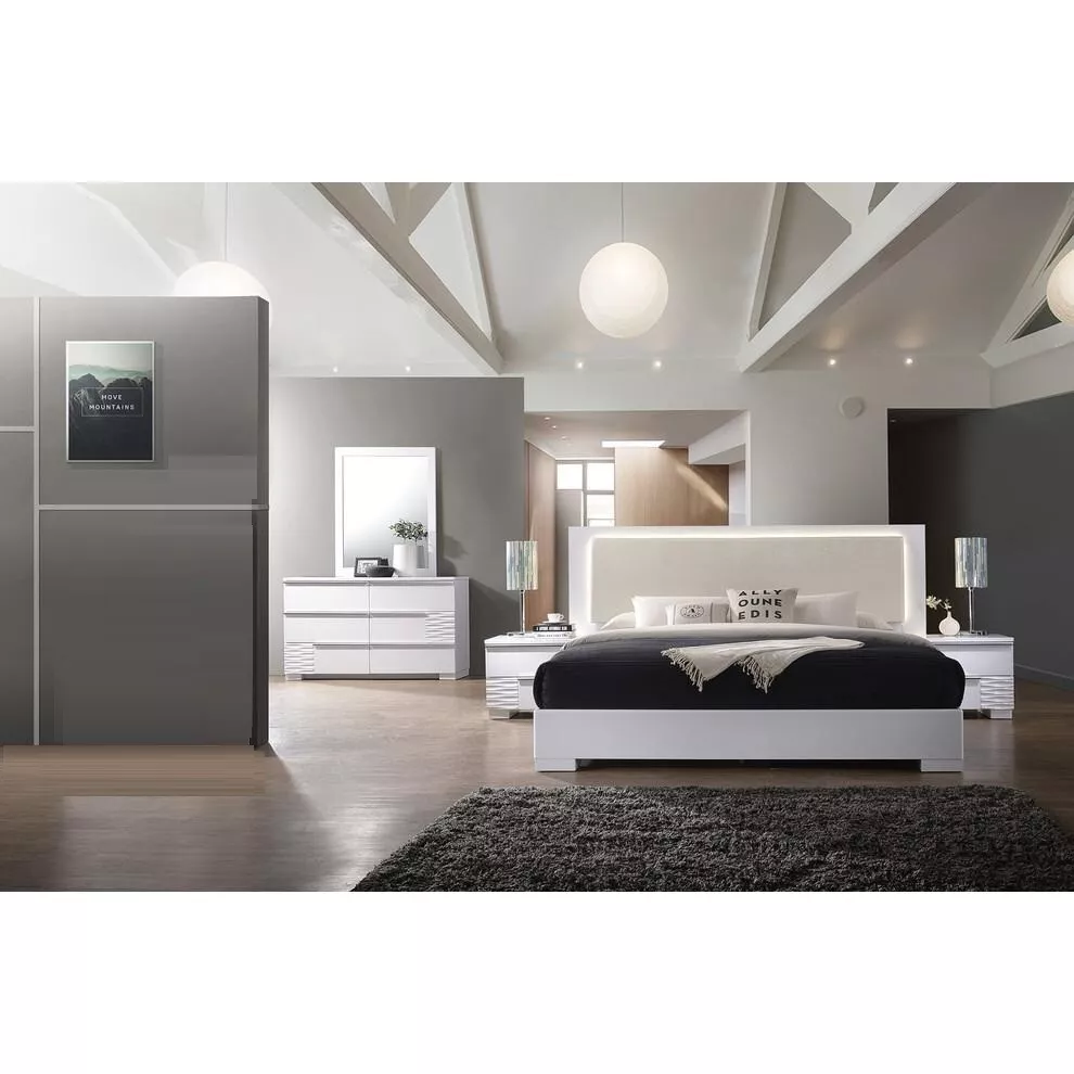 Modern 5 Piece Queen Size Bedroom Furniture Set, LED Lighting Bed, Dresser, Mirror and ...