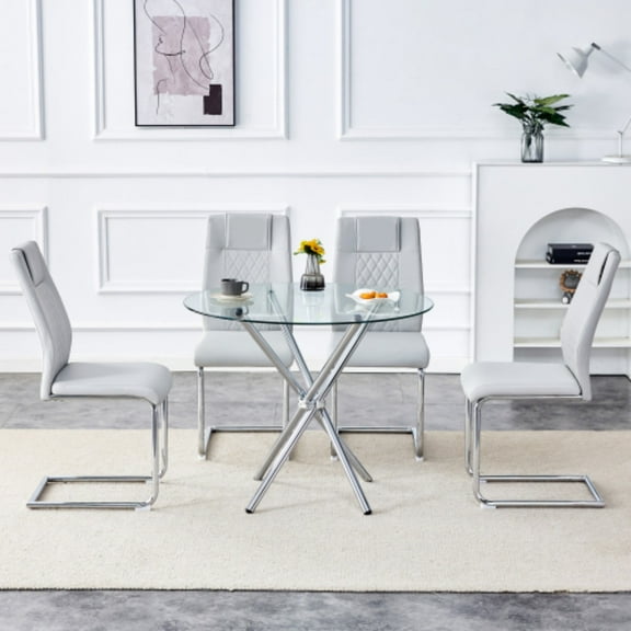 Round Glass Dining Table Set for 4,36.6'' Round Dining Table Set with Faux Leather Chairs, Clear Tempered Glass Tabletop and Silver Metal Table Legs,Ideal for Dining Room,Living Room