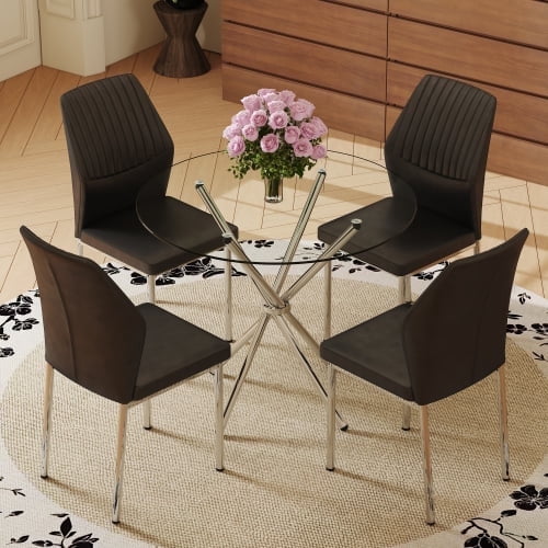 SUDICA 36.6" Round Glass Dining Table Set for 4, Clear Tempered Top ...