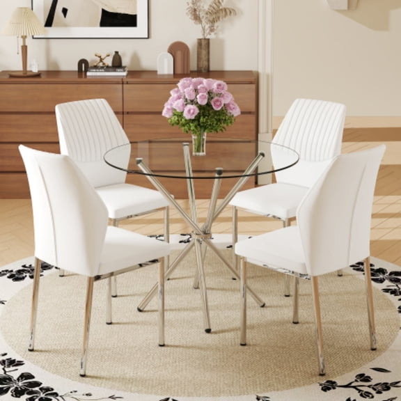 5 Piece Round Dining Table Set for 4 with 36.6" Glass Top, Silver Metal Legs, White PU Leather Chairs, Modern Breakfast Table Set for 4, Dining Room Table Set, Table and Chairs for Kitchen