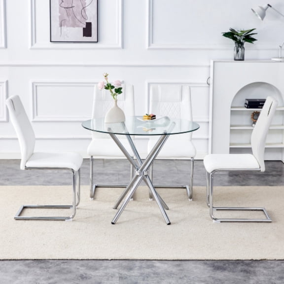 5 Piece Round Dining Table Set for 4 with 36.6" Glass Top, Silver Metal Legs, White PU Leather Chairs, Modern Breakfast Table Set for 4, Dining Room Table Set, Table and Chairs for Kitchen