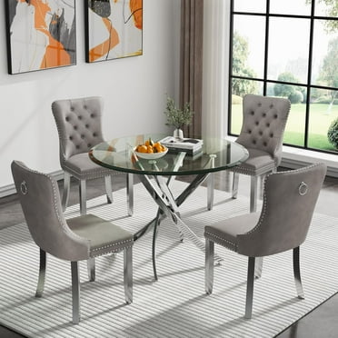 5-Piece Round Glass Dining Set For 4 - Gold Metal Base With Black Velvet Chairs