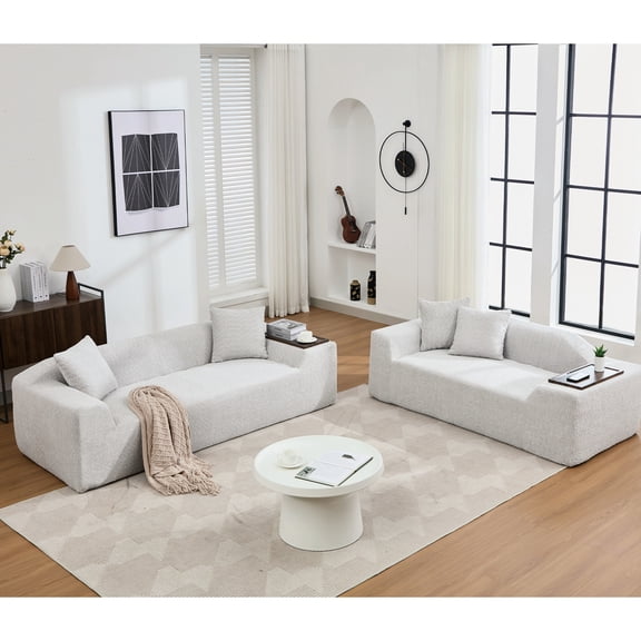 Modern 5 - Seater Boucle Upholstered Set - Comfortable Square Arm Design - For Family Relaxation in Living Room - End Tables for Coffee