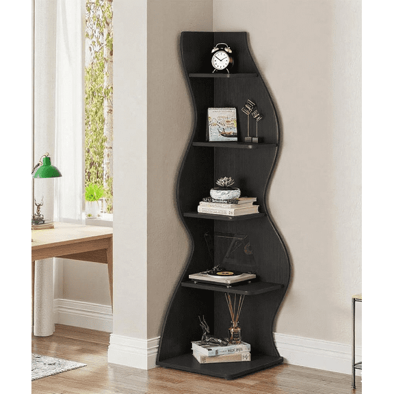 5-Tier Black Corner Shelf, Modern Wall-Mounted Bookshelf with Seagrass-Inspired Design, Adjustable Storage Rack for Living Room, Home Office