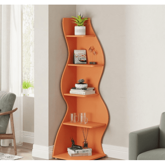 Modern 5-Tier Corner Shelf, Stylish Wall Corner Bookshelf Storage Rack Plant Stand with Unique Shape for Living Room, Home Office (Orange)