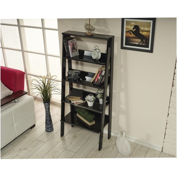 Modern 5-Tier Ladder Bookshelf, Black Solid Wood Bookcase for Living Room & Office Storage