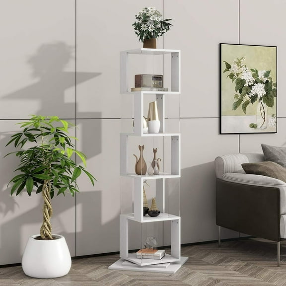 Modern 5-Tier Rotating Display Shelf, 360-Degree Swivel, Space-Saving Tall Corner Bookshelf, Decorative Storage Organizer for Living Room, Home Office, White