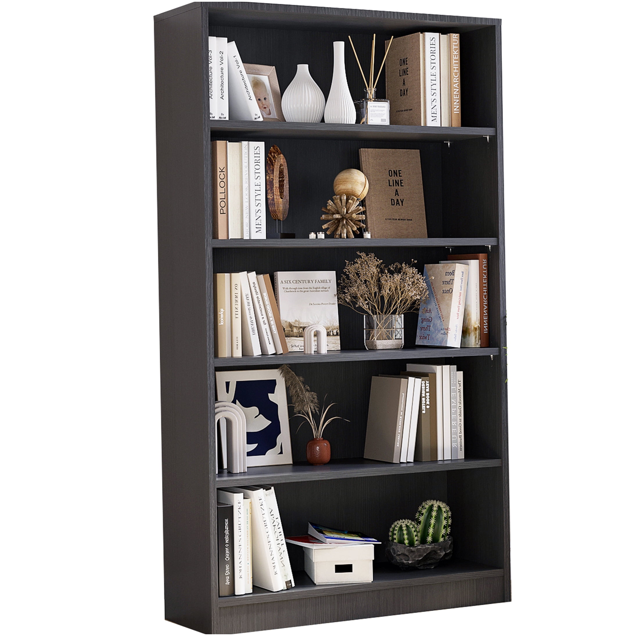 Modern 5-Tier Wood Bookshelf in Gray, Adjustable Shelves for Living Room, Office, Bedroom Storage Organizer