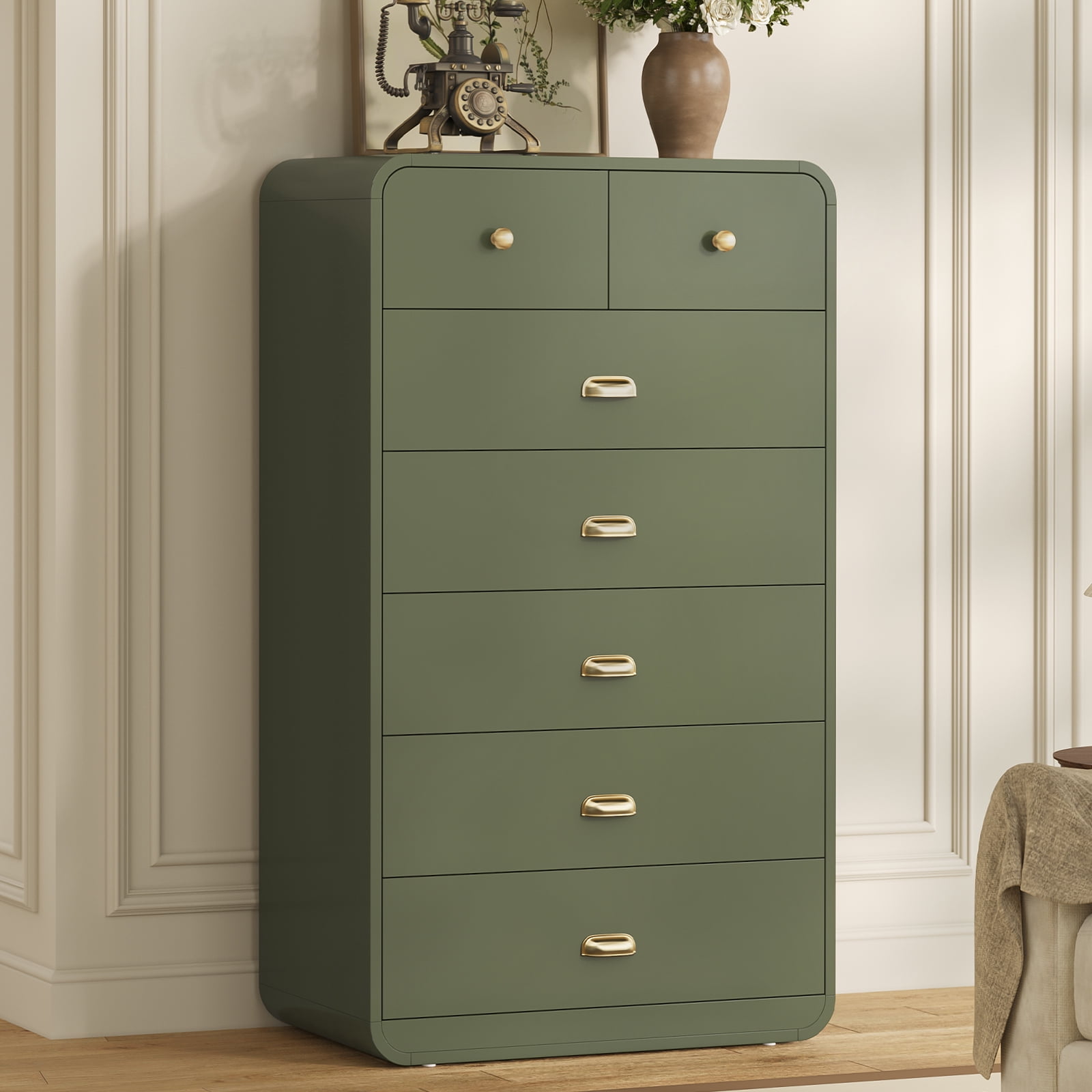 Modern 50.8" Tall Dresser, 7 Wood Storage Chest, Gold Handles,Vintage  Dresser, Bedroom Clothes Organizer with 7 Drawers,Green - Walmart.com