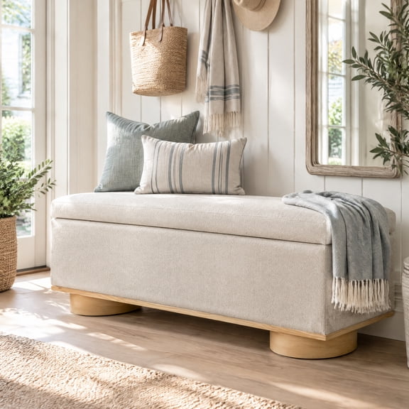Modern 50" Oatmeal Upholstered Storage Bench End of Bed Entryway Bench Ottoman for Bedroom Living Room