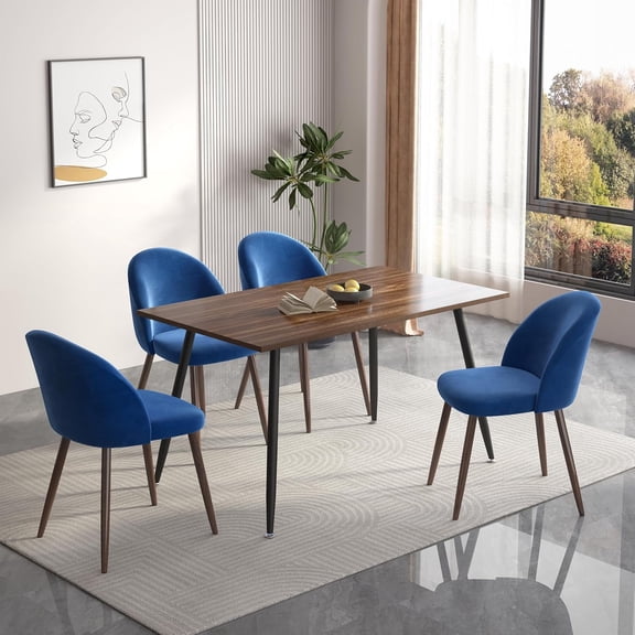 Modern 51" Dining Table Set for 4 with Velvet Upholstered Chairs, Mid Century Wooden Rectangular Kitchen Table and Chairs, Space Saving Dining Room Furniture for Apartment, Small Space, Blue