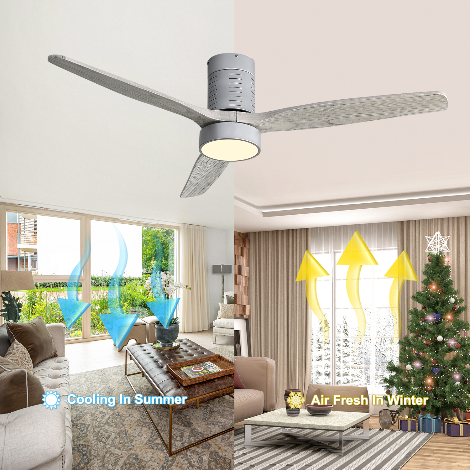 Modern 52Inch Indoor Flush Mount Ceiling Fan with 3 Solid Wood Blades