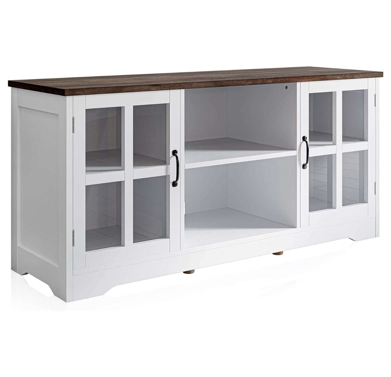 White and Brown 52 Inch Cottage Style TV Stand with Glass Cabinets