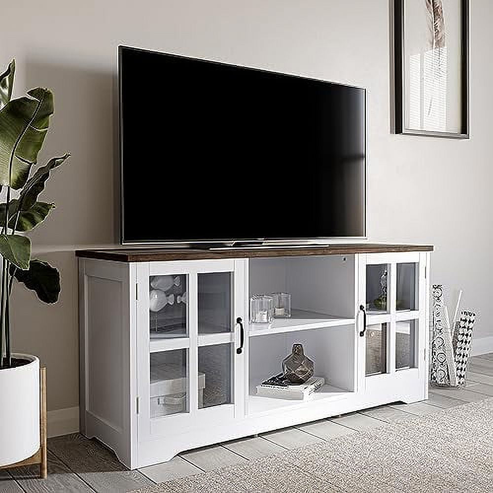 White and Brown 52 Inch Cottage Style TV Stand with Glass Cabinets