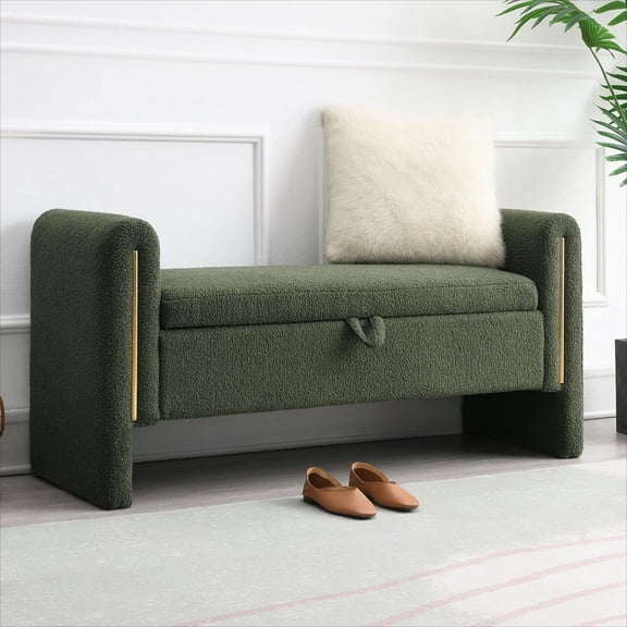 Modern 52" Storage Ottoman Bench, Upholstered End of Bed Storage Bench with Armrests, Entryway Bench, Teddy Foot Rest Stool for Living Room Hallway Bedroom (Green)