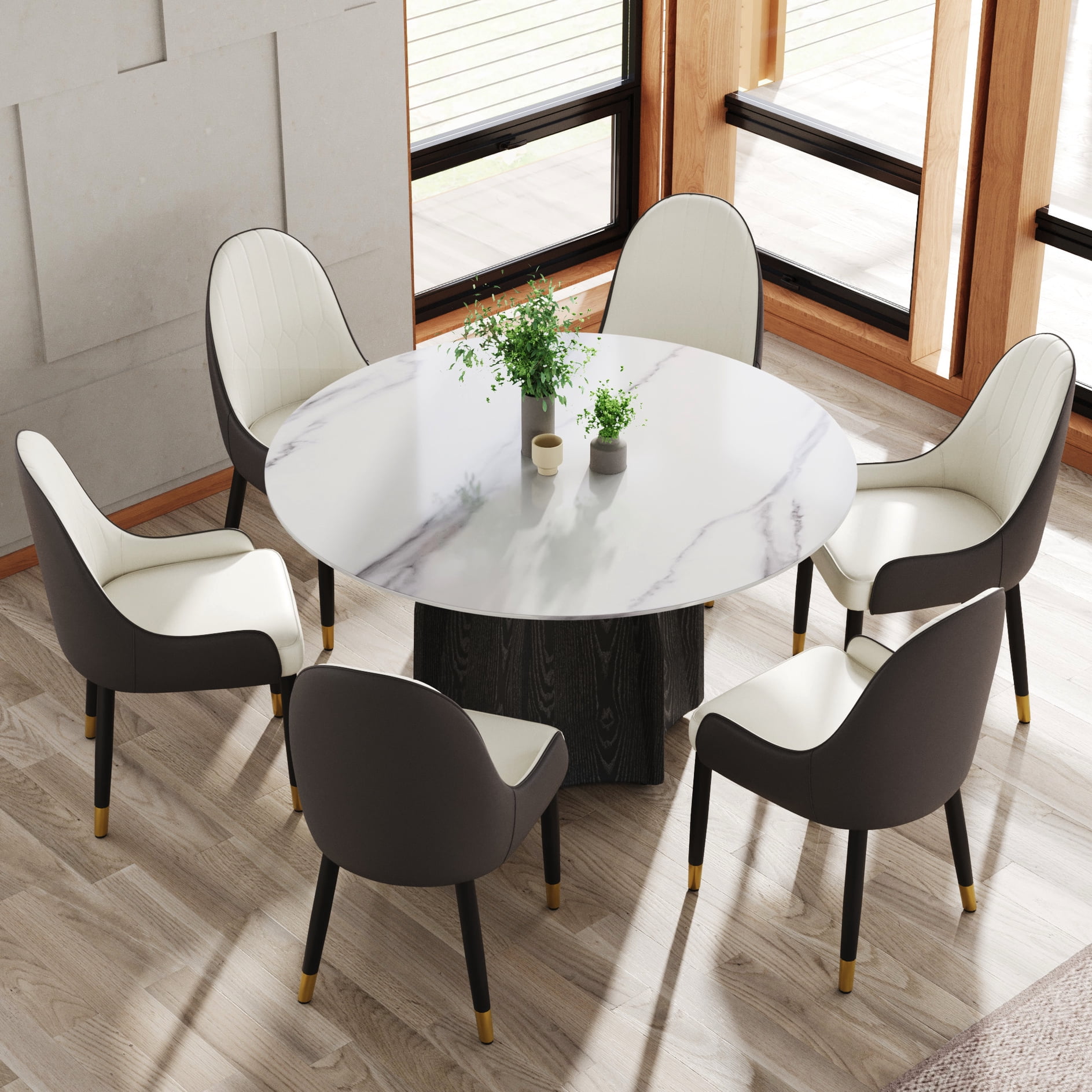 Modern 53" Round Sintered Stone Dining Table - White With Solid Wood ...
