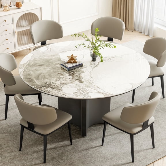Modern 53" White Round Ceramic Sintered Stone Dining Table with Stainless Steel Base(Table only)