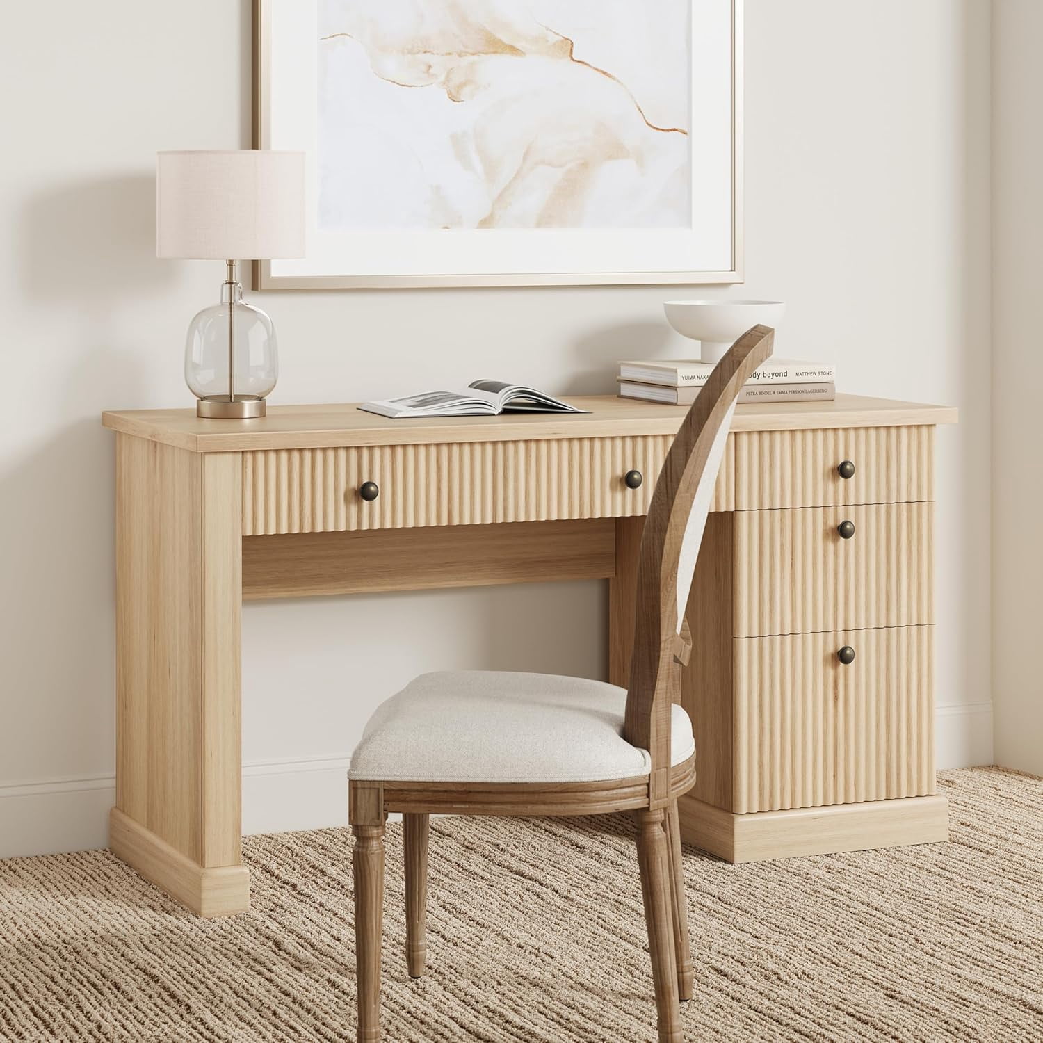 Modern 54" Fluted Home Office Desk with Charging Station, Wooden Executive Writing Desk, File Drawers for Study Room, Office Storage Solution