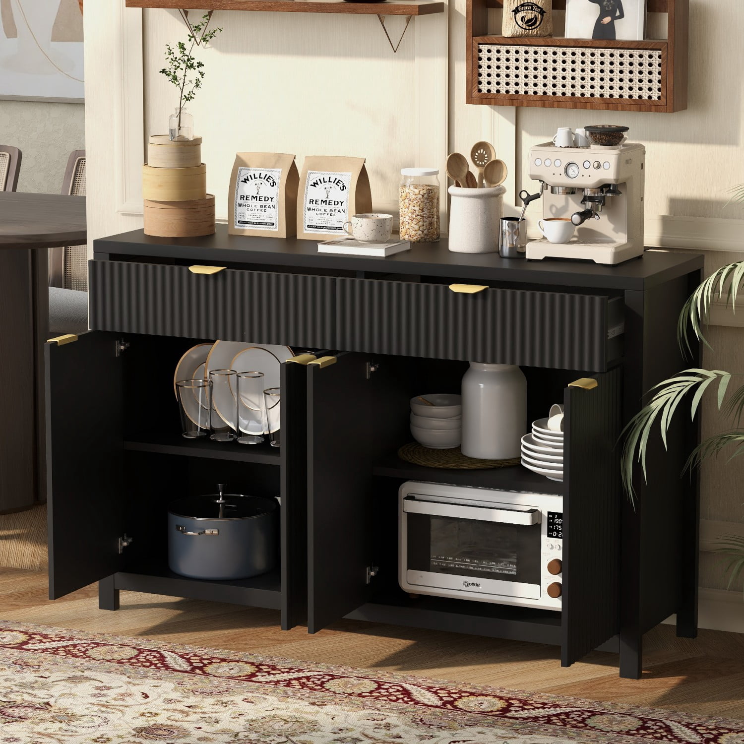 Modern 55.1" Sideboard Buffet Cabinet, 2 Drawers 4 Doors Storage Credenza with Adjustable Shelves, Wave-Pattern MDF Cabinet for Living Room Dining Entryway, Black