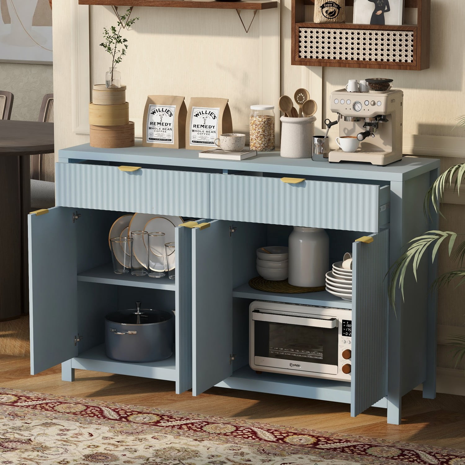 Modern 55.1" Sideboard Buffet Cabinet, 2 Drawers 4 Doors Storage Credenza with Adjustable Shelves, Wave-Pattern MDF Cabinet for Living Room Dining Entryway, Cyan