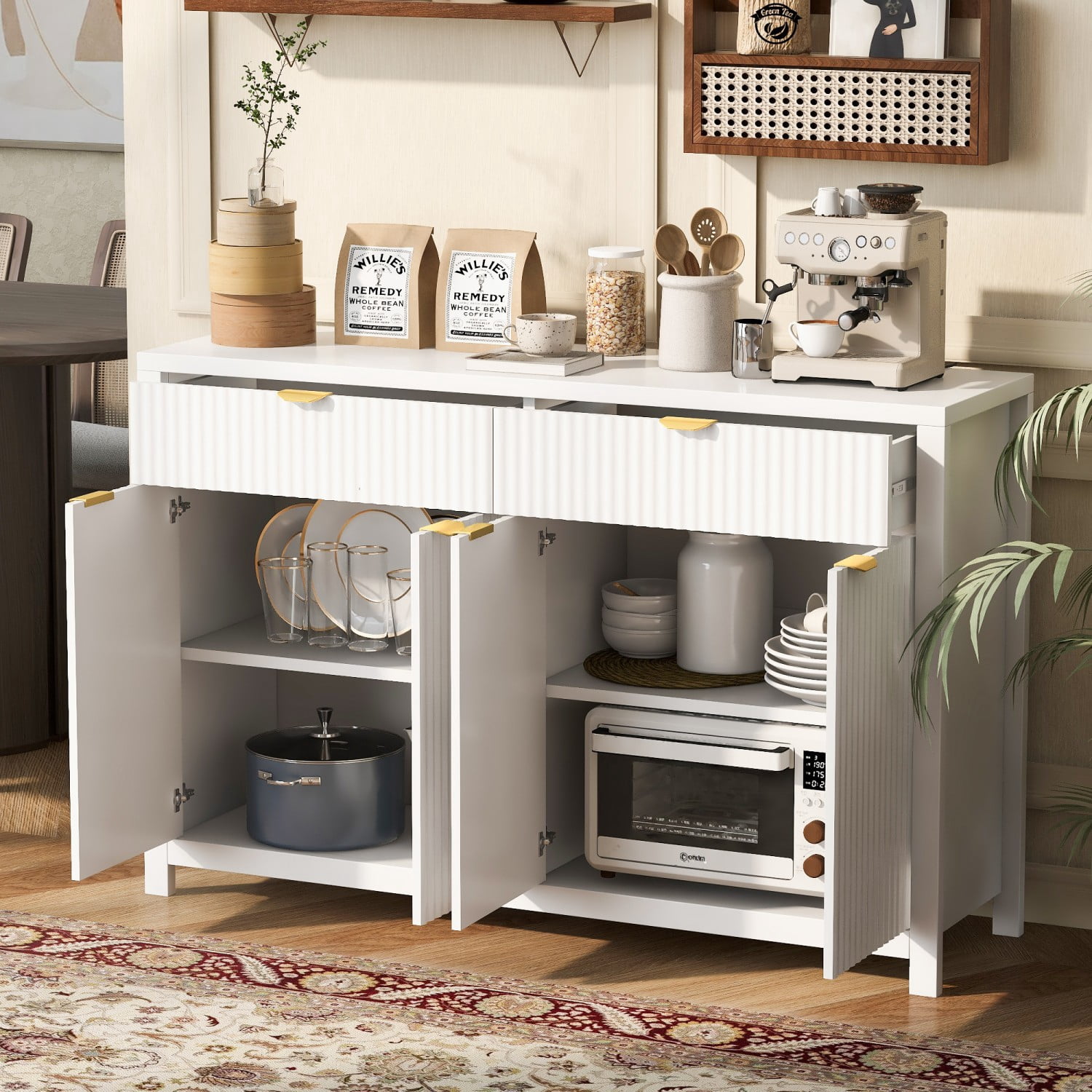 Modern 55.1" Sideboard Buffet Cabinet, 2 Drawers 4 Doors Storage Credenza with Adjustable Shelves, Wave-Pattern MDF Cabinet for Living Room Dining Entryway, White