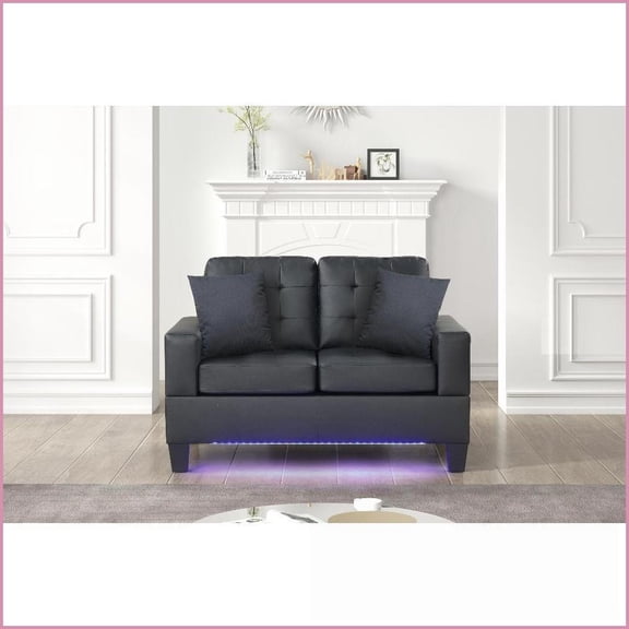 Modern 55.5W Black PVC Loveseat with LED Lights, USB Charger & Tufted Cushions Living Room | Black | Fabric,PVC | Vinyl