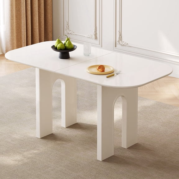 Modern 55" Dining Table with Arch Legs, Creamy White Rectangle Wooden Kitchen Table with Rounded Corners, Spacious Dinner Table for Living Room Dining Room