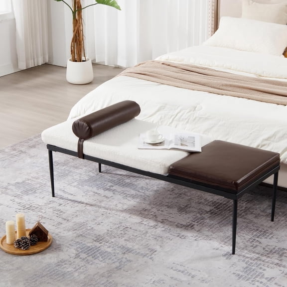 Modern 55” Entryway Bench with Storage White Sherpa & Cognac PU Leather Upholstered End of Bed Bench Bedroom Bench Metal Ottoman for Bedroom Living Room Apartment