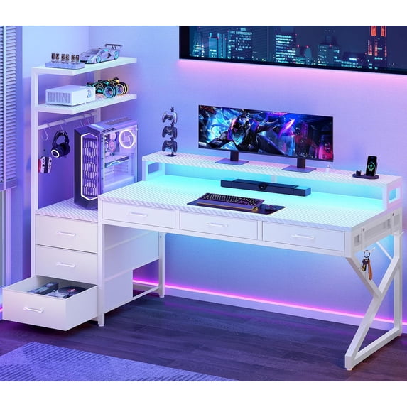 Modern 55" Gaming Desk with LED Lights and 6 Drawers, Reversible Corner Computer Desk for Home Office