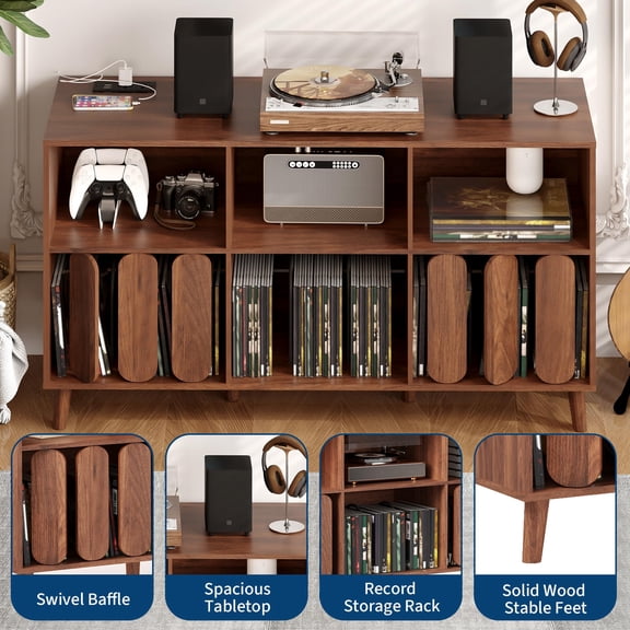 Modern 55" Large Record Player Stand with Power Outlet - Vinyl Record Storage Cabinet - Mid-Century Turntable Stand with Charging Station & Open Shelves Media Console for Living Room - Wood Color