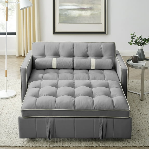 Modern 55" Pull Out Sofa Bed Loveseat Sleeper with Adjustable Backrest, Lumbar Pillows & Side Pockets for Apartment, Office, Living Room, Grey