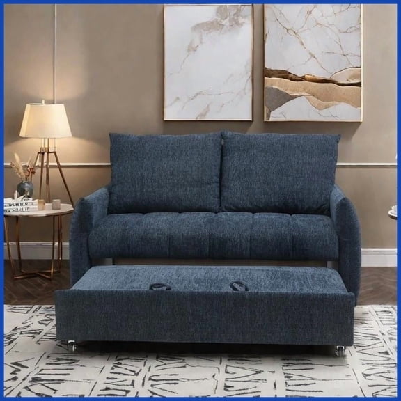 Modern 57.5" Loveseat Sofa Bed - Navy Line Chenille Fabric with Adjustable Backrest for Living Room