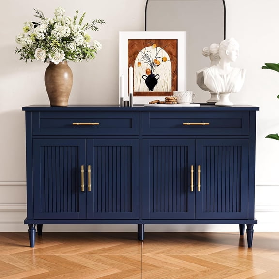 Modern 58" Sideboard Buffet Cabinet with 4 Slatted Doors and 2 Drawers, Blue Storage Cabinet with Gold Handles, Contemporary Credenza Entryway Console Table for Dining Room