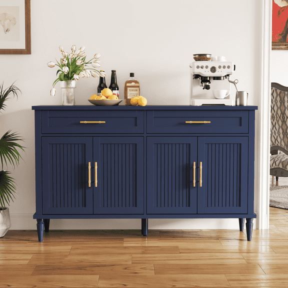 Modern 58" Sideboard Buffet Cabinet with 4 Slatted Doors and 2 Drawers, Blue Storage Cabinet with Gold Handles, Contemporary Credenza Entryway Console Table for Dining Room