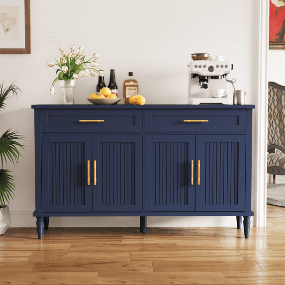 ZOSQUARE Modern 58" Sideboard Cabinet with 4 Slatted Doors and 2 Drawers, Blue Storage Cabinet with Gold Handles, Credenza Entryway Accent Table for Living Room