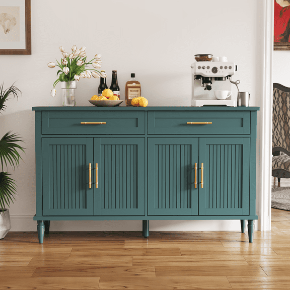 Modern 58" Sideboard Buffet Cabinet with 4 Slatted Doors and 2 Drawers, Green Storage Cabinet with Gold Handles, Contemporary Credenza Entryway Console Table for Dining Room
