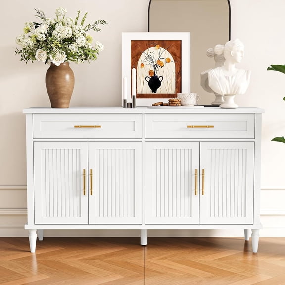 Modern 58" Sideboard Buffet Cabinet with 4 Slatted Doors and 2 Drawers, White Storage Cabinet with Gold Handles, Contemporary Credenza Entryway Console Table for Dining Room