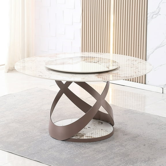 Modern 59.05" Sintered Stone Table For Dining Area, 31.5" Round Rotatable Turntable, Metal Base, Beige & Yellow, Classic Style Dining, Spinning + Area