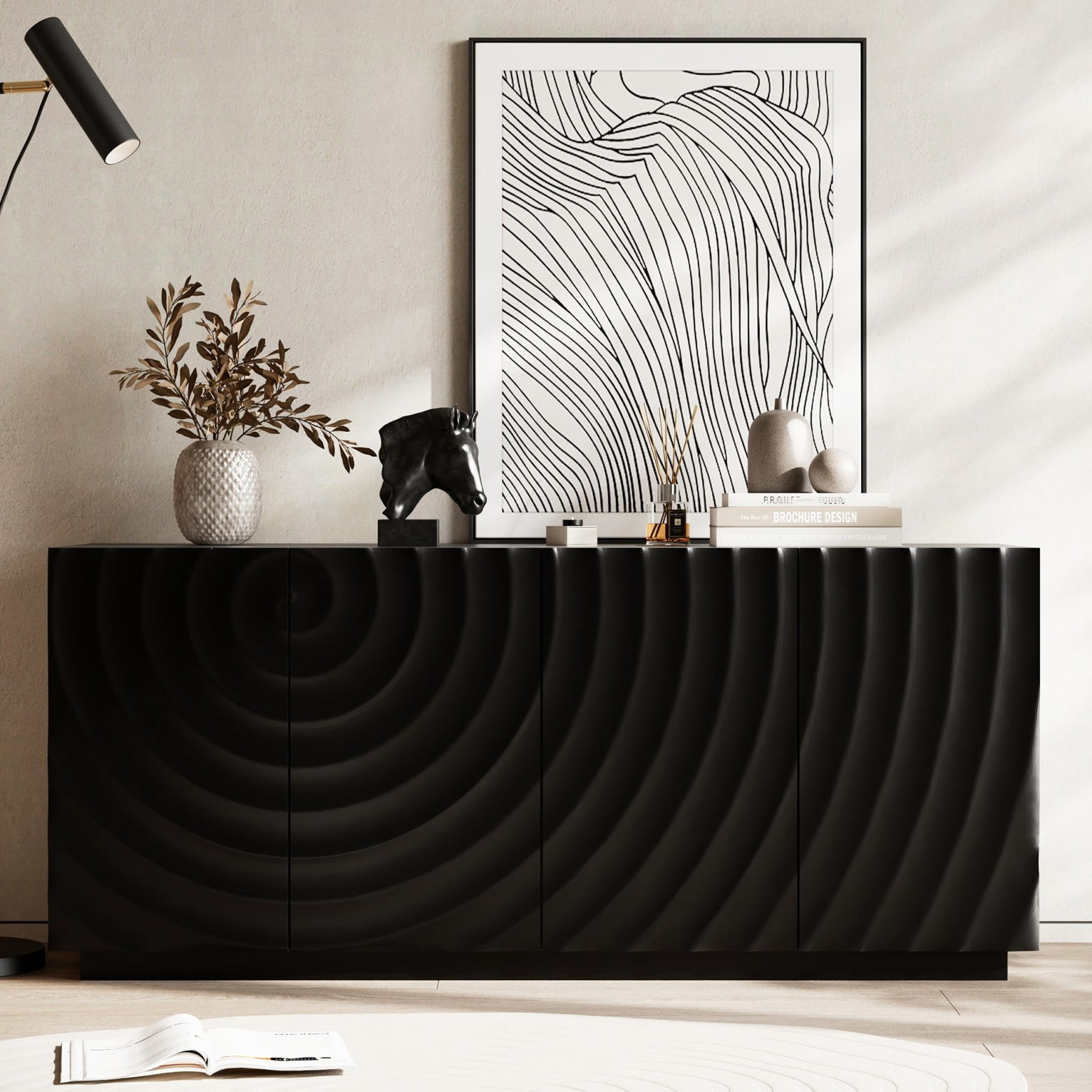 Modern 59" Buffet Cabinet with Storage, 4-Door Wave Textured Sideboard, Black Accent Console Table, Floor Standing Credenza for Living Room Kitchen, Black