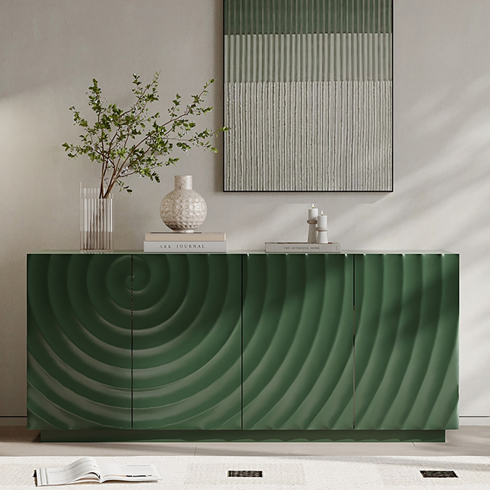 Modern 59" Buffet Cabinet with Storage, 4-Door Wave Textured Sideboard, Black Accent Console Table, Floor Standing Credenza for Living Room Kitchen, Green