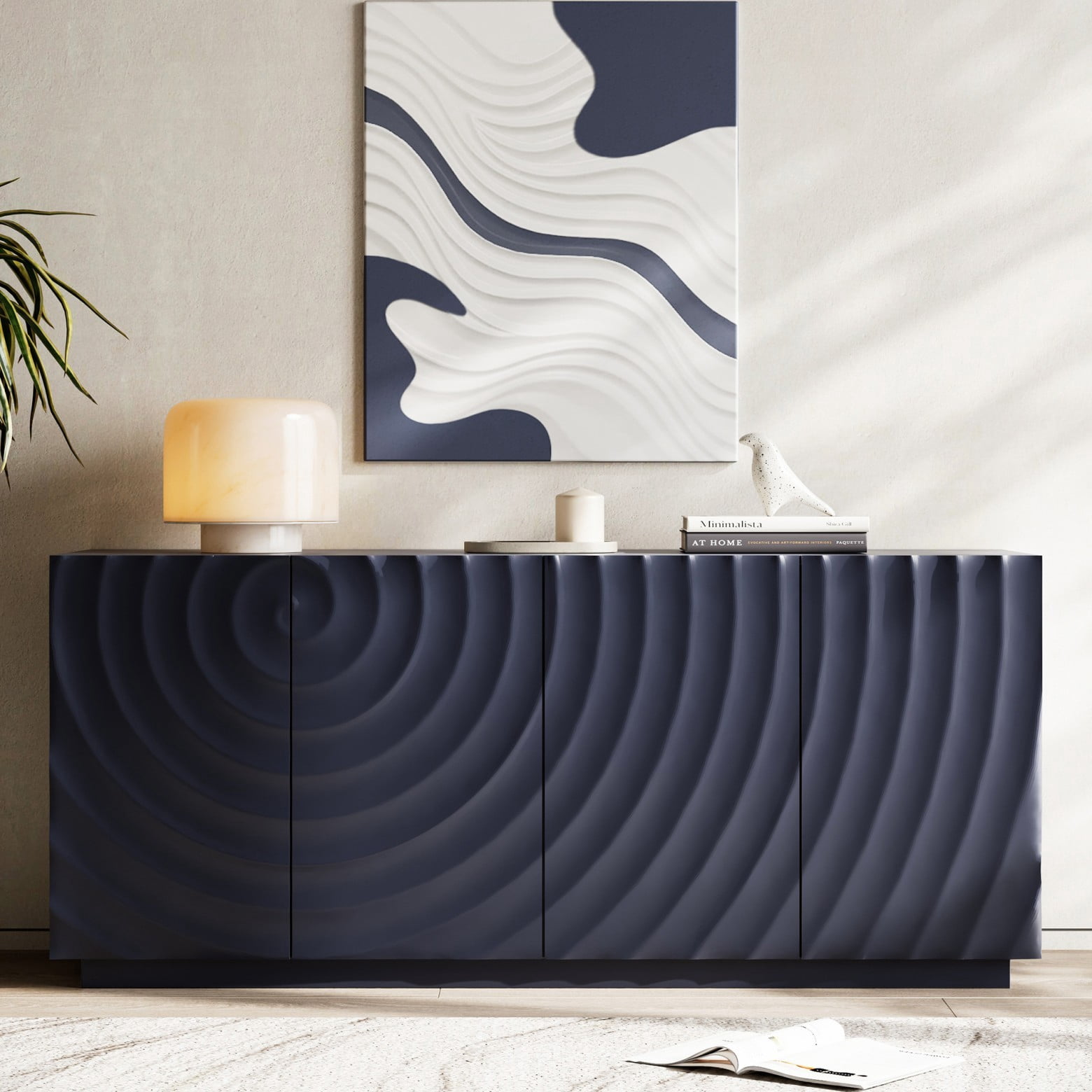 Modern 59" Buffet Cabinet with Storage, 4-Door Wave Textured Sideboard, Black Accent Console Table, Floor Standing Credenza for Living Room Kitchen, Navy Blue